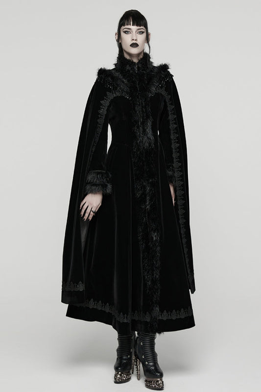 Black Stand Collar Embroidered Lace-Up Women's Gothic Coat