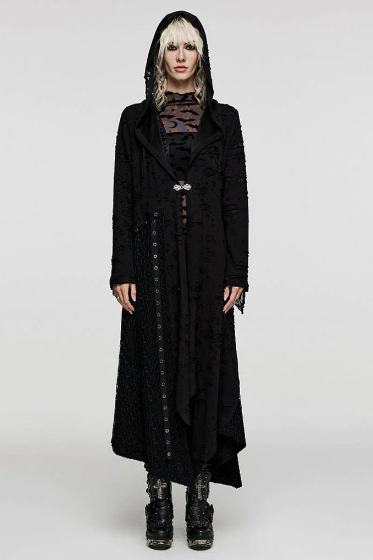 Black Ripped Mesh Stitching Irregular Hooded Womens Steampunk Coat