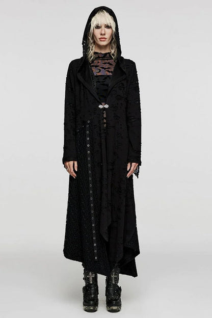 Black Ripped Mesh Stitching Irregular Hooded Womens Steampunk Coat