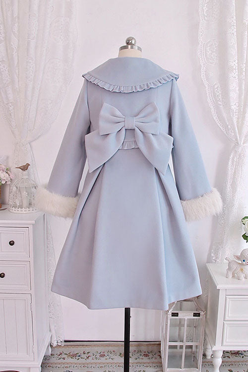 Blue Double Breasted Bowknot Plush Long Sleeves Fake Two-Piece Woolen Lolita Coat