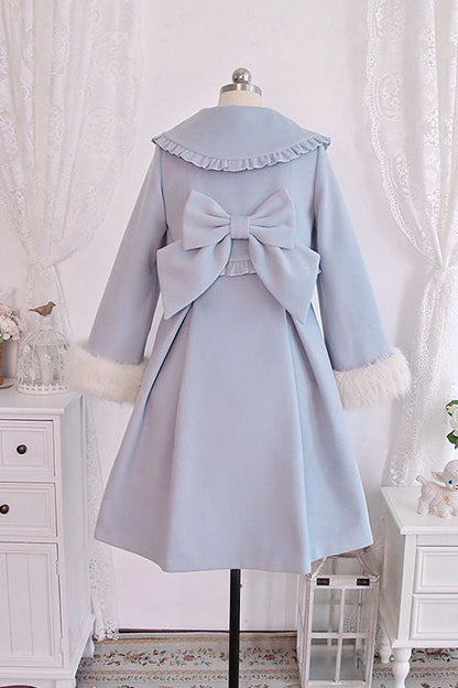 Blue Double Breasted Bowknot Plush Long Sleeves Fake Two-Piece Woolen Lolita Coat