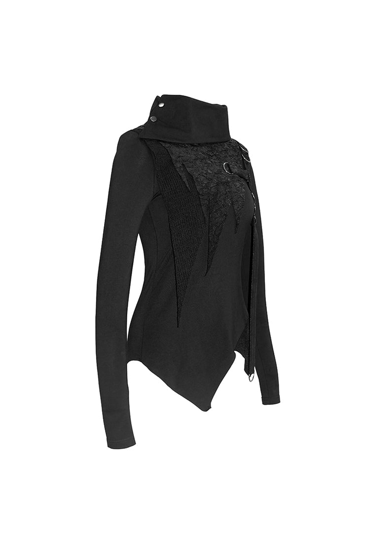 Black Worn Out Cross Shaped Hasp Long Sleeve High Collar Asymmetric Hem Women's Punk T-Shirt