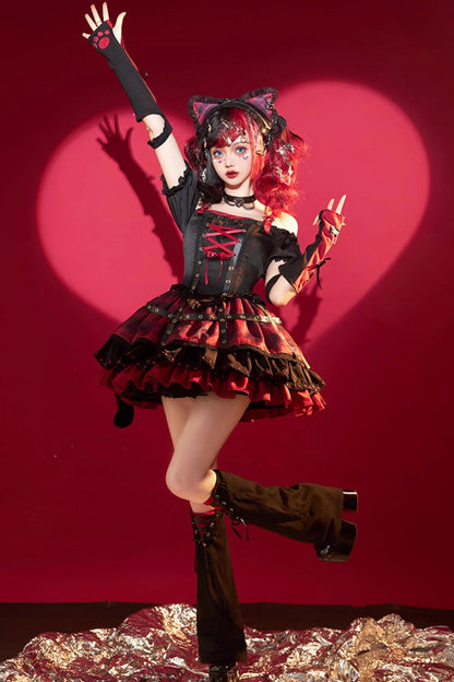 Black/Red Print Ruffle Lace-Up Gothic Japanese Princess Lolita JSK Dress