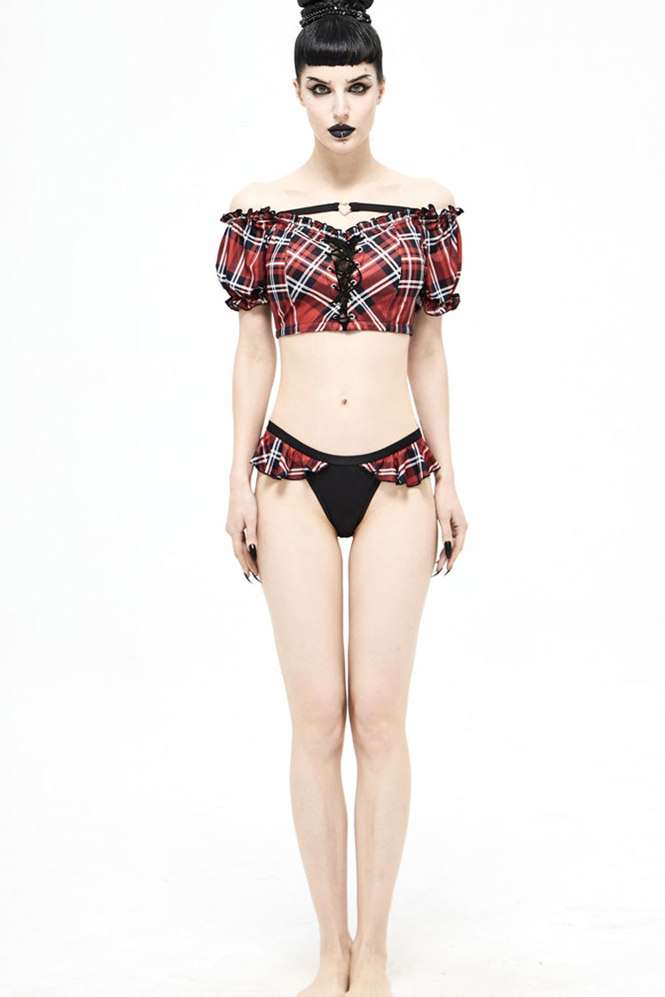 Black/Red Plaid Frilly Women's Punk Swim Shorts