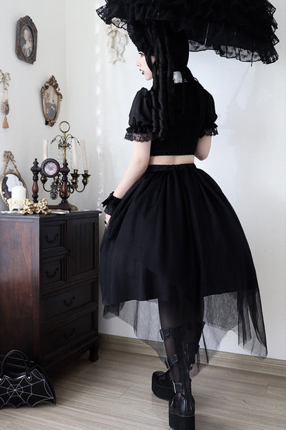 Black Rose Embroidered Cutout Top Irregular Short Sleeves Gothic Lolita Dress Set