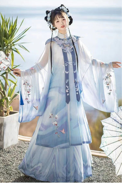 Blue Long Sleeves High Waisted Embroidery Women's Classic Chinese Style Hanfu Dress Full Set
