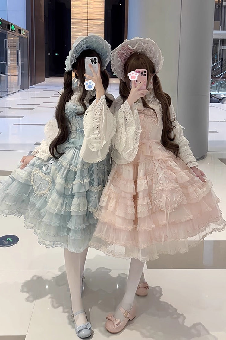 Blue [Sweetheart Diary] Multi-Layered Ruffle Hanayome Embroidery Bowknot Lace Sweet Lolita Jsk Dress