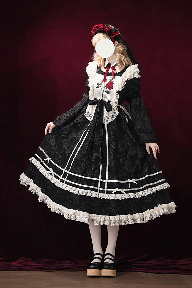 Black [Rose Choir] Double-Layered Ruffle Embroidery Bowknot Lace Gothic Elegant Nun Lolita Dress