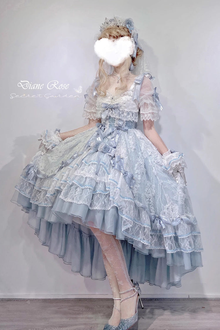 Blue [Diane Rose] Short Sleeves Multi-Layered Jacquard Ruffle Hanayome Cardigan Bowknot Lace Sweet Lolita Dress