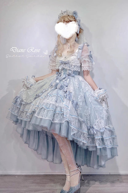 Blue [Diane Rose] Short Sleeves Multi-Layered Jacquard Ruffle Hanayome Cardigan Bowknot Lace Sweet Lolita Dress