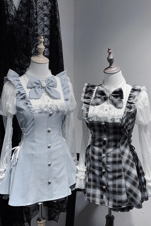 [Feather Ode] Jirai Kei Stand Collar Long Sleeves Ruffled Bow Lace Sweet Japanese Dress Shorts Set 2 Colors