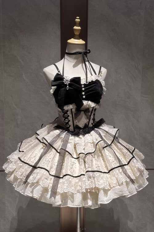 Black/Apricot [Holiday Ball] Sleeveless Multi-Layered Printed Ruffled Bow Lace Ballet Sweet Lolita Jsk Dress