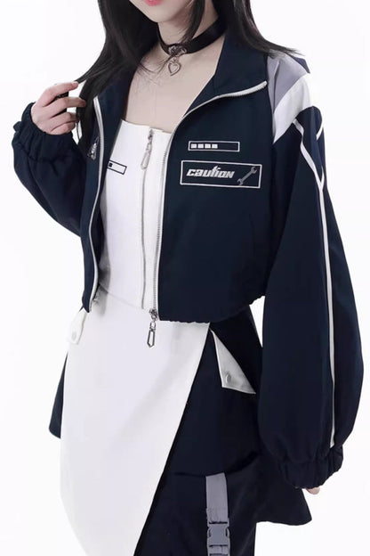 Blue/White [Message Overload] Techwear Long Sleeves Embroidered Asymmetric Zippered Jirai Kei Dress Short Coat Set