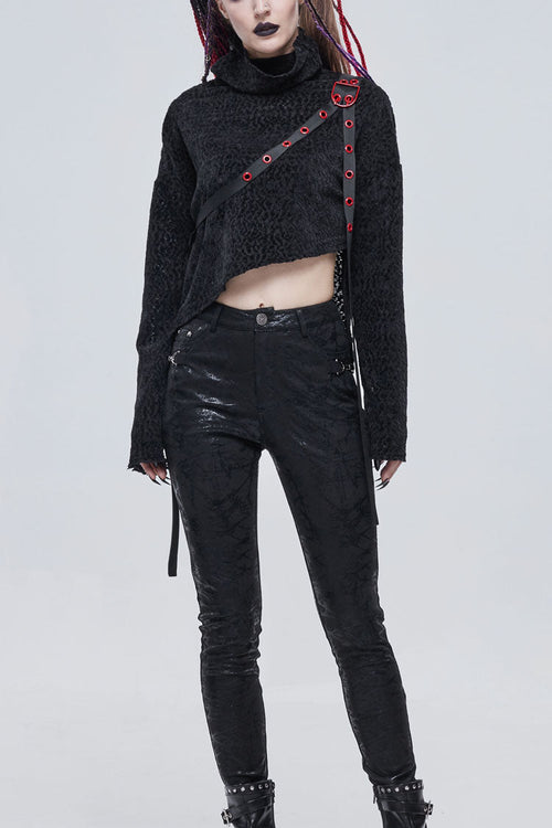 Black Texture Grainy Turtleneck Metal Buckle Through With Grommet Decoration Irregular Women's Punk Sweater