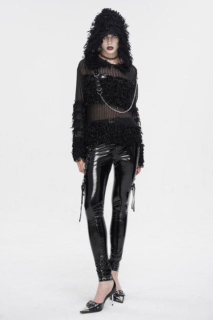 Black Segmented Mesh Matching Chain Women's Punk Hooded Sweater