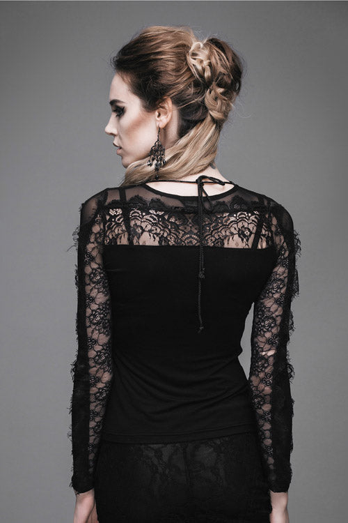 Black Sexy Lace Pattern Long Sleeves Gothic Womens T-Shirt
