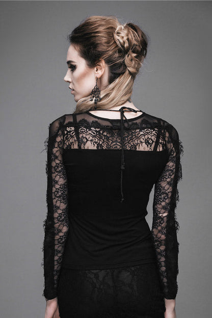 Black Sexy Lace Pattern Long Sleeves Gothic Womens T-Shirt