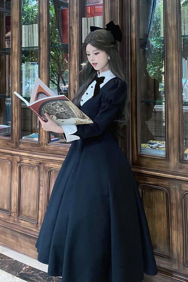 Black [Miss Donya] Stand Collar Long Sleeves Bow Gothic Elegant Lolita OP Dress