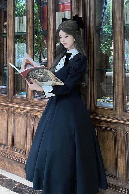 Black [Miss Donya] Stand Collar Long Sleeves Bow Gothic Elegant Lolita OP Dress
