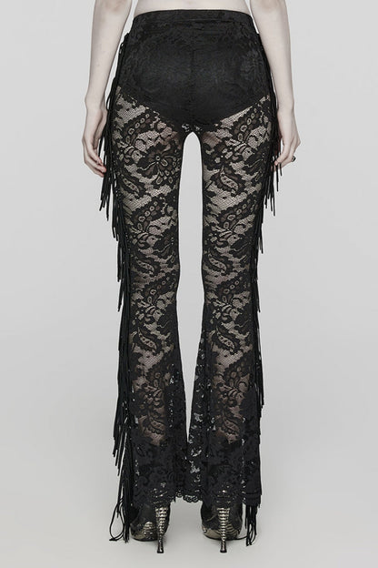 Lace Sheer Mesh Tassels Women's Gothic Flared Pants 2 Colors