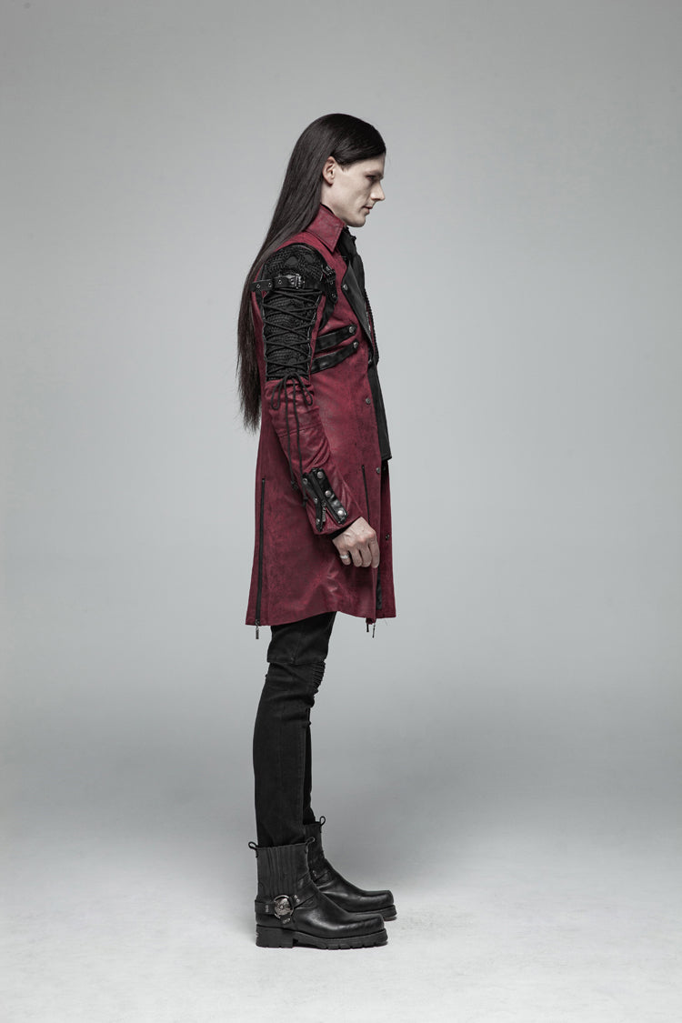 Red Metal Buckle Decoration Zipper Mens Steampunk Windbreaker Coat