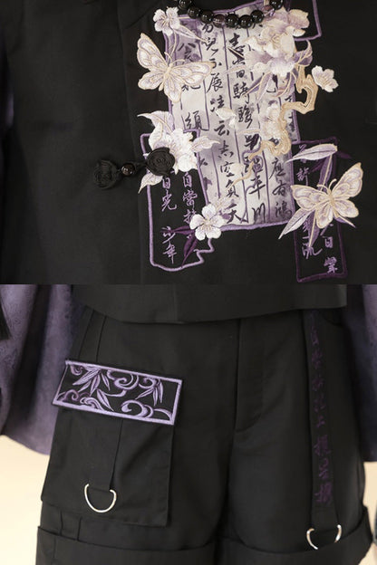 Black/Purple Stand Collar Long Sleeves Embroidery Classic Chinese Style Prince Hanfu Ouji Set