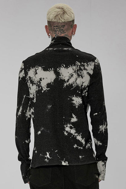 Black/White Punk Asymmetric Metal Buckle Side Button Tie Dye High Neck Basic Long Sleeve Men's Shirt