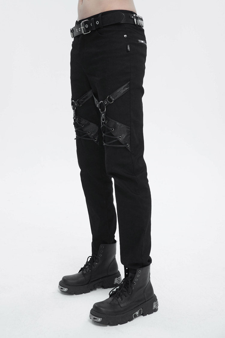 Black Thigh Position Buckle Splice Men's Punk Pants