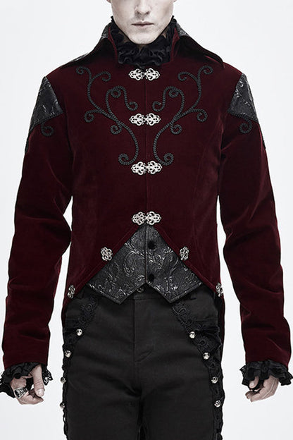 Red Vintage Embroidered Fake Two Pieces Gothic Mens Coat