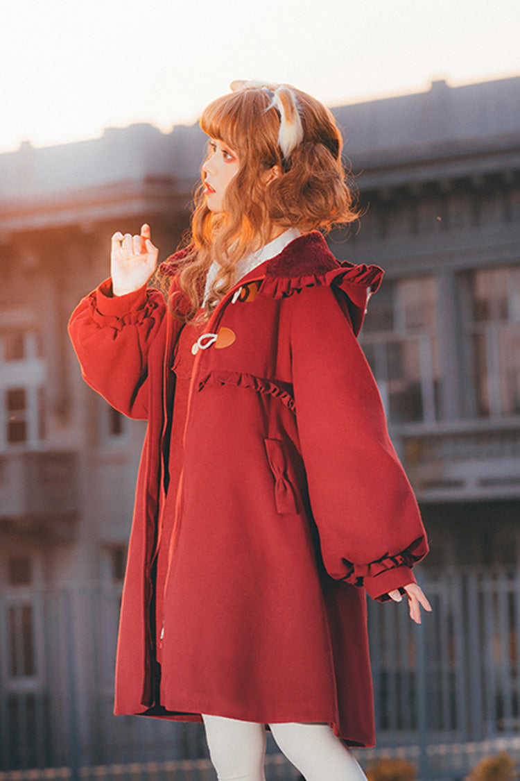 Red Cat Tail Long Sleeves Ruffle Bowknot Hooded Sweet Lolita Coat