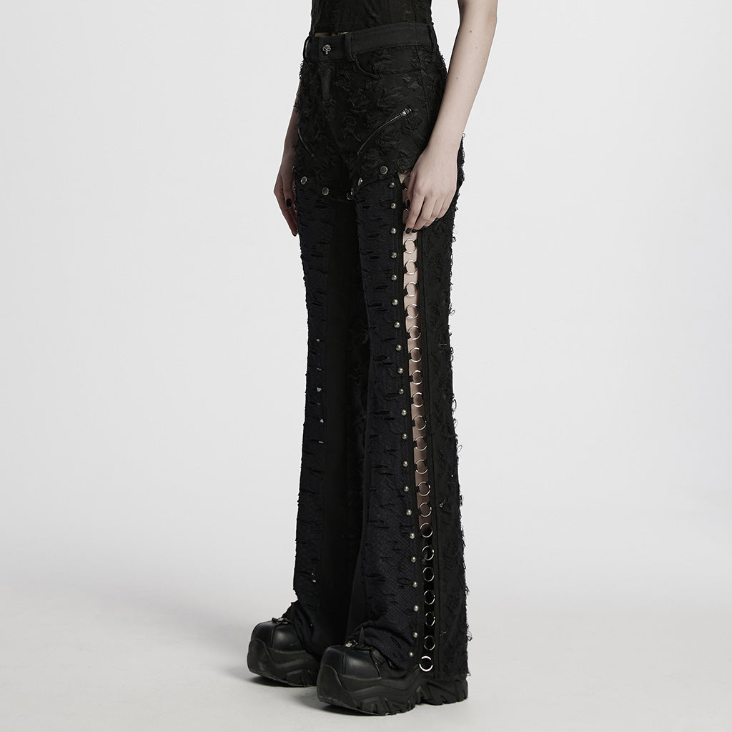 Black Stitching Ripped Metal Ring Women's Punk Split Detachable Pants