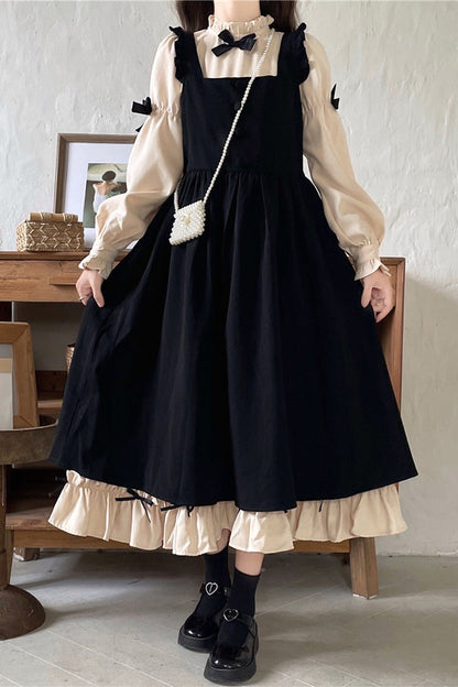 Black/Apricot Japanese Long Puff Sleeves Ruffle Bowknot Sweet Lolita Dress 2 Colors