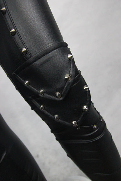 Black Sexy rivets coarse grain leather adjusted loops skinny Womens Pants