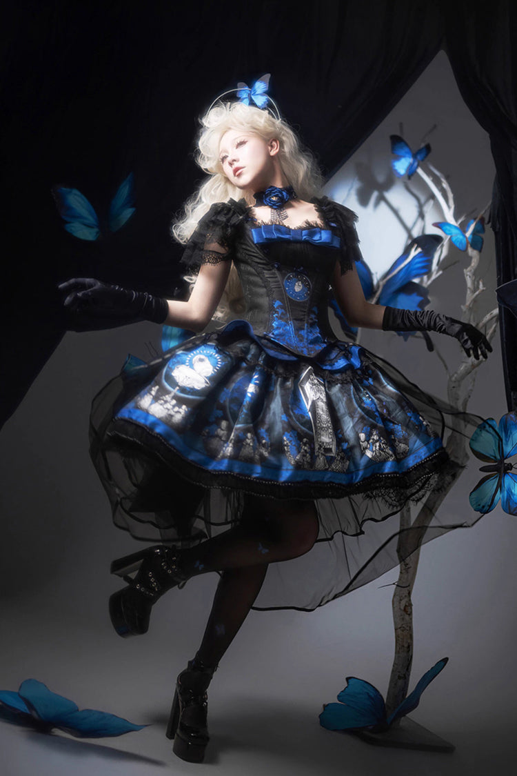 Blue [Dark Moon Corridor] Print Embroidery Gothic Lolita Dress Skirt