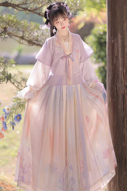 Multi-Color Round Collar Long Trumpet Sleeves High Waisted Print Sweet Hanfu Full Set