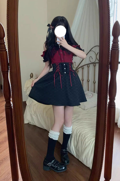Black/Red [Overture to the Dead] Off Shoulder Short Sleeves Ruffle Bowknot Lace-Up Gothic Jirai Kei Japanese Skirt Set