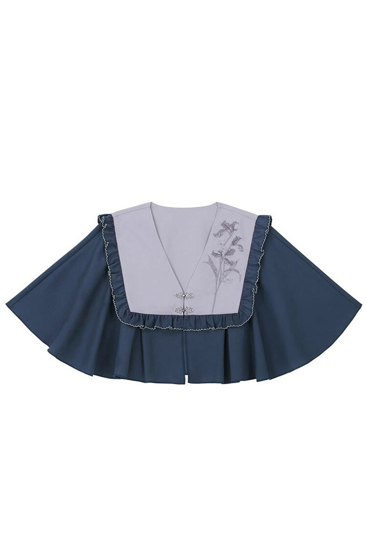Black/Blue Round Collar Long Sleeves Print Slim Women's Classic Hanfu Dress Three-piece Set