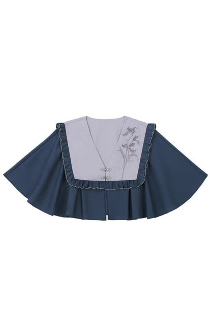 Black/Blue Round Collar Long Sleeves Print Slim Women's Classic Hanfu Dress Three-piece Set