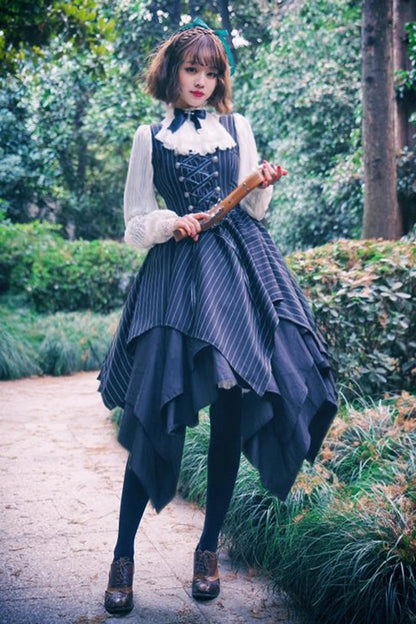 Black Sleeveless Striped Print Lace-Up Irregular Hem Gothic Lolita Dress