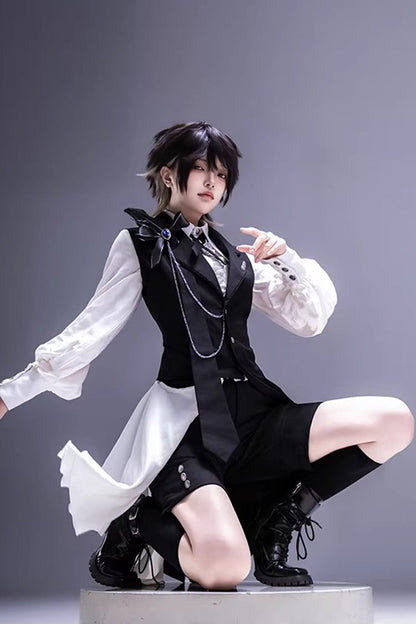 Black/White [Black Tea Concerto] Bow Asymmetric Ouji Fashion Gothic Prince Lolita Vest Top Shorts Set