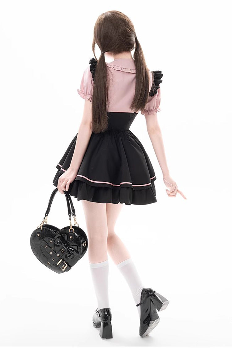 Black/Pink First Sakura Short Sleeves Multi-layer Lace-Up Sweet Jirai Kei Japanese Set