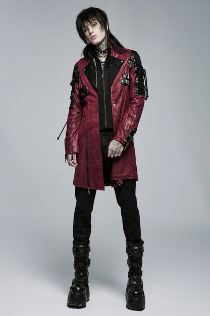 Red Metal Buckle Decoration Zipper Mens Steampunk Windbreaker Coat