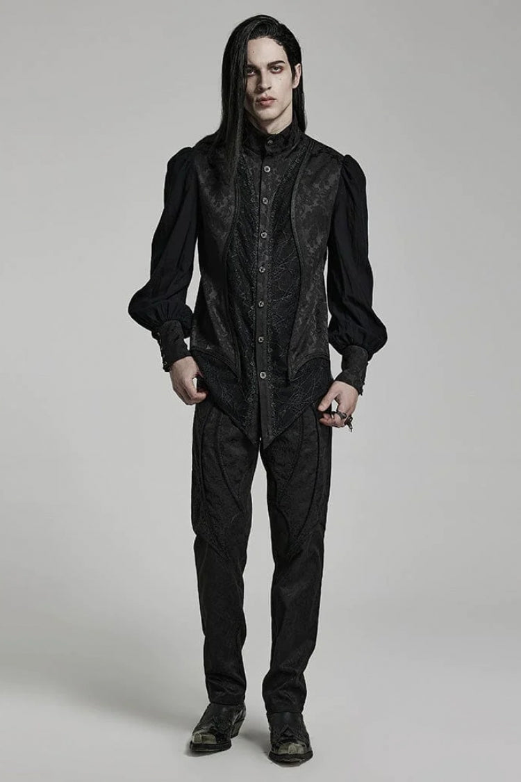 Black Stand Collar Long Puff Sleeves Jacquard Print Lace Mens Gothic Blouse