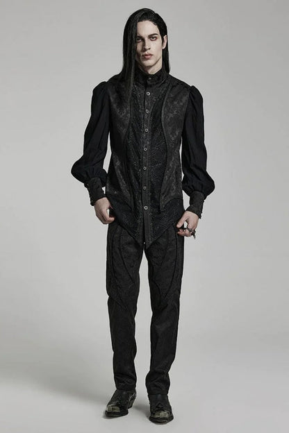 Black Stand Collar Long Puff Sleeves Jacquard Print Lace Mens Gothic Blouse