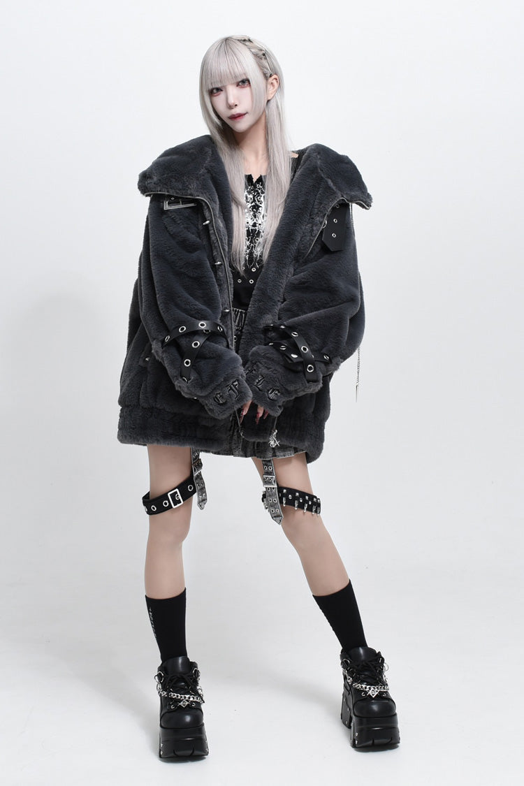 Jirai Kei Long Sleeves Hooded Zipper Punk Japanese Coat With Cross Leather Buckles 2 Colors