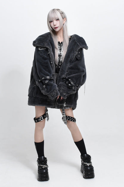 Jirai Kei Long Sleeves Hooded Zipper Punk Japanese Coat With Cross Leather Buckles 2 Colors