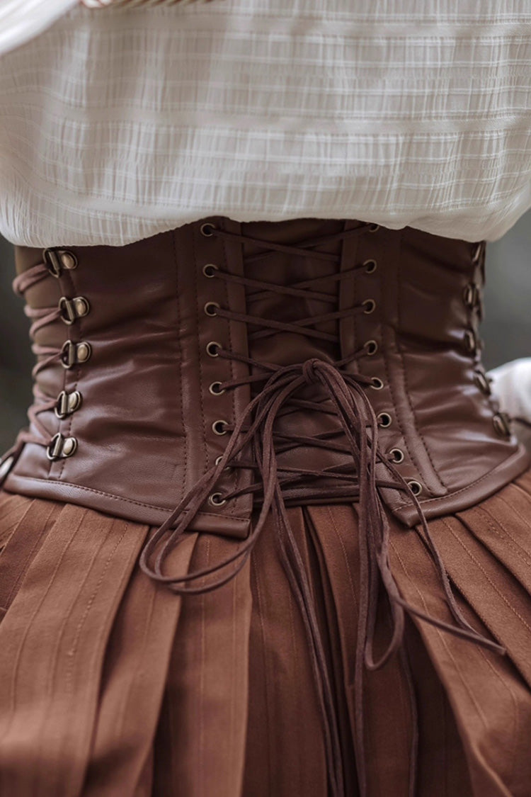 Brown Lace-Up Classic Vintage Leather Waist Lolita Belt with Metal Horn Buckle