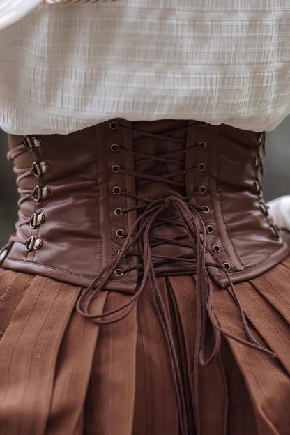 Brown Lace-Up Classic Vintage Leather Waist Lolita Belt with Metal Horn Buckle