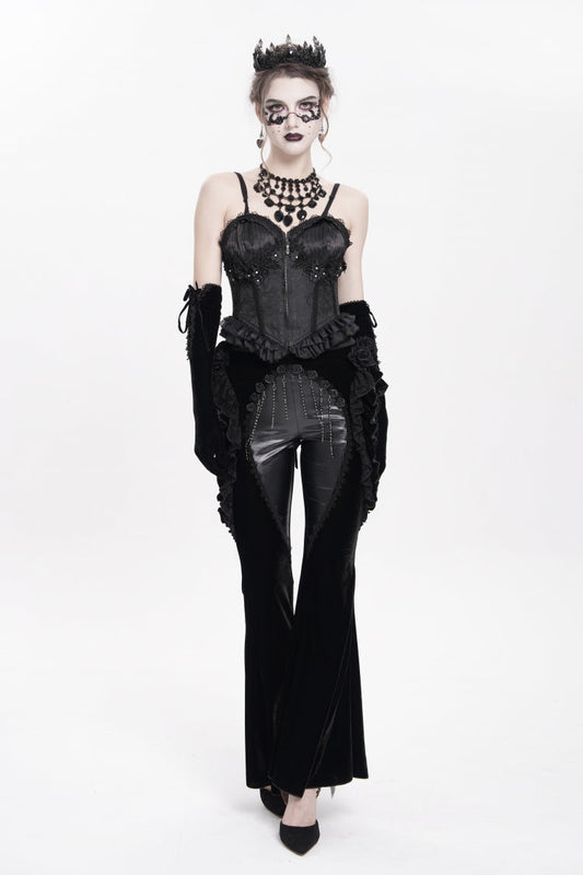Black Ruffled Spliced Women's Gothic Floral Faux Leather&Velvet Ruffle Pants