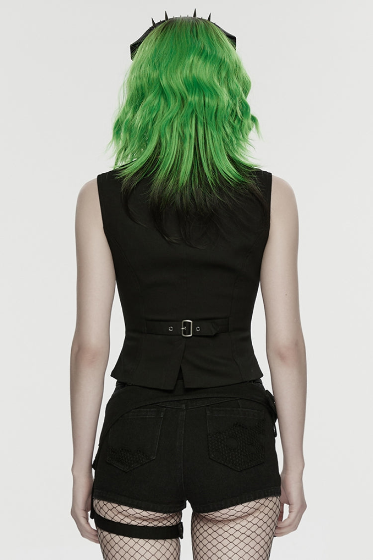 Black V Collar Sleeveless Embossed Printed Studded Zippered Women's Punk Vest